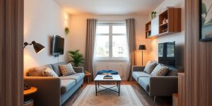 Camera mică și funcțională, mobilă eficientă și iluminare caldă.