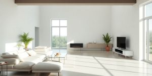 Interior minimalist modern, culori neutre, linii curate.