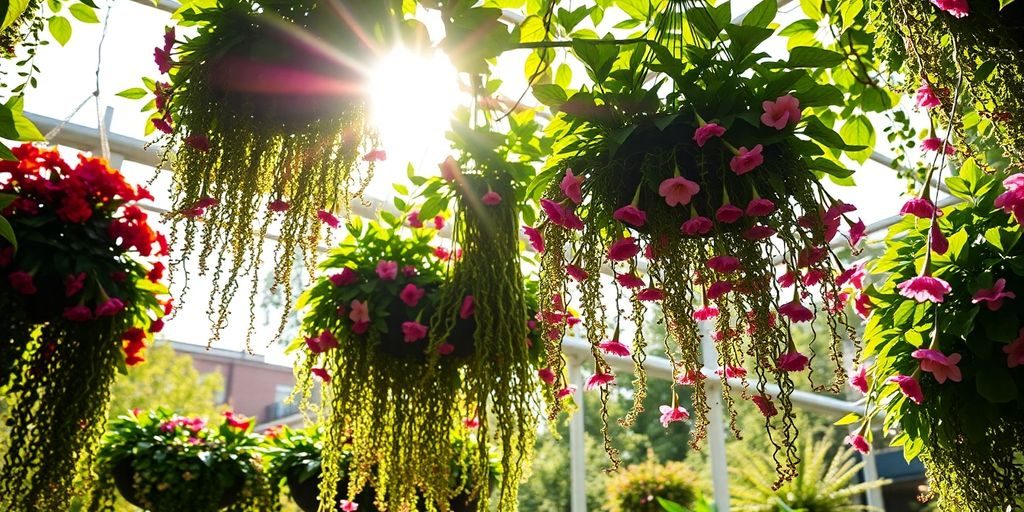 Gradini suspendate cu plante verzi si flori colorate.