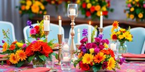 Decoratiuni festive cu flori colorate si lumini elegante.