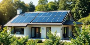 Gradina Smart 83 Casă modernă cu panouri solare pe acoperiș.