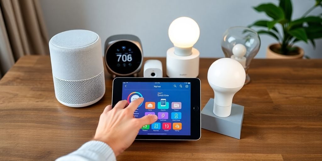 Dispozitive smart home și o tabletă pe o masă modernă.
