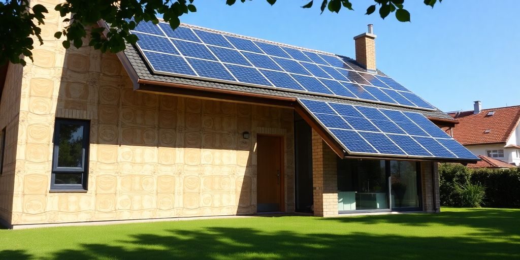 Casă modernă cu panouri solare și izolație vizibilă.
