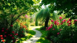 Grădină verde, liniștită, plină de flori și copaci.