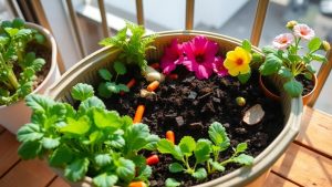 Compost de apartament lângă flori și răsaduri verzi