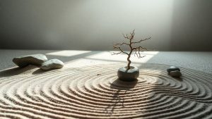 Mini-grădină zen cu nisip, pietre și bonsai.